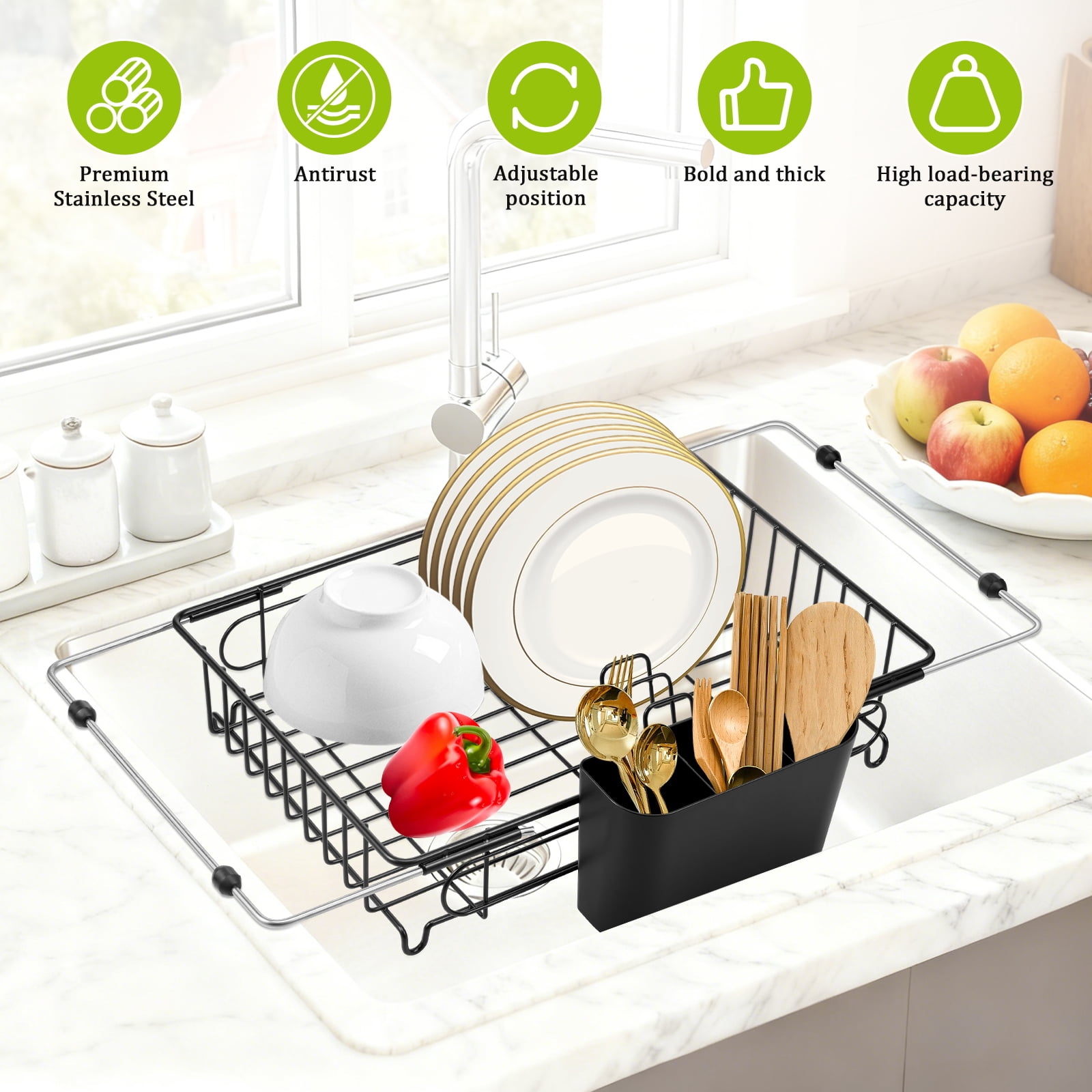 Expandable Dish Drying Rack in Sink Adjustable Stainless Steel Dish Drainer Over The Sink with Utensil Holder for Kitchen Sink, 14.5"~20.9" L x 10.2"W