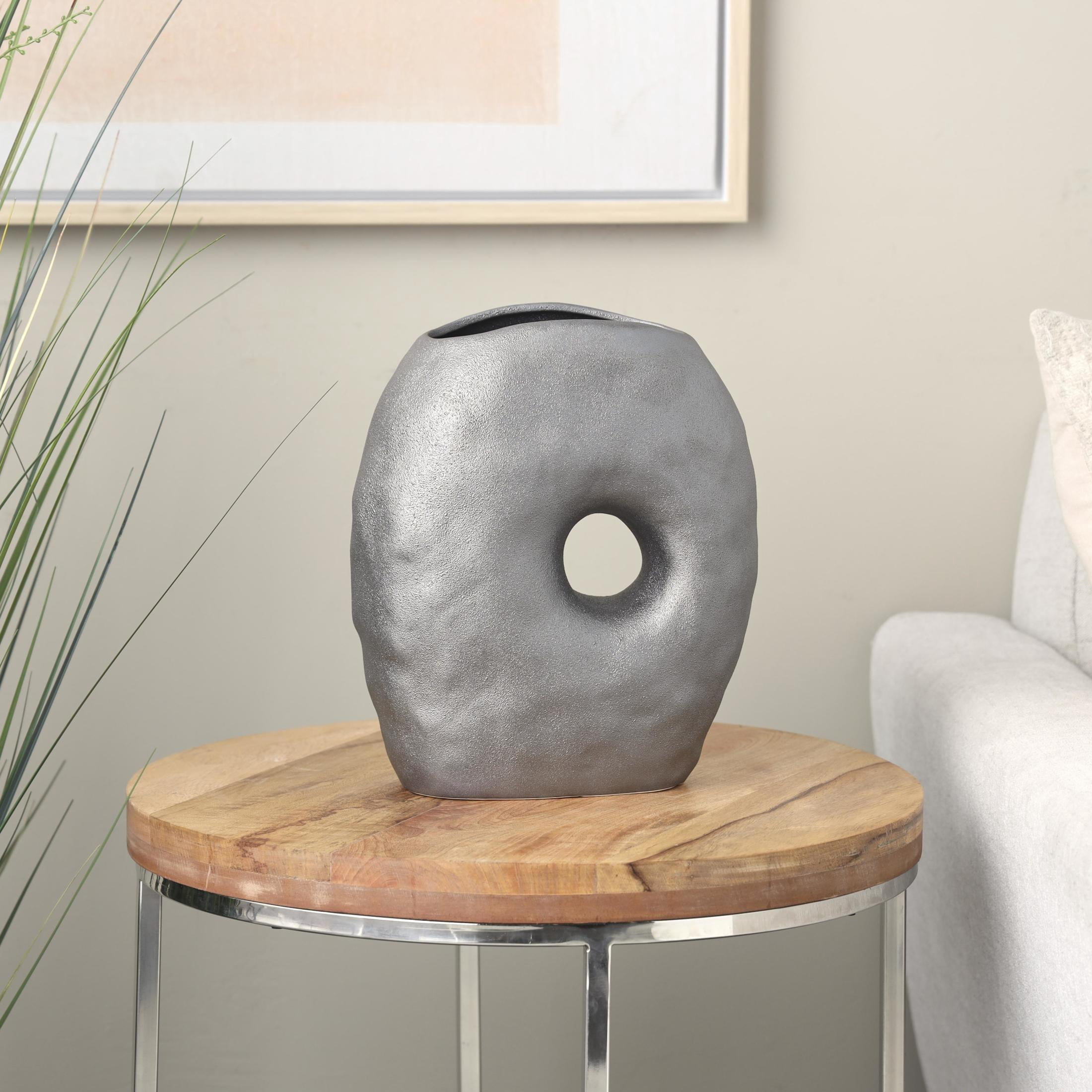 DecMode 12" Abstract Wavy Donut Gray Ceramic Vase with Cutout Center