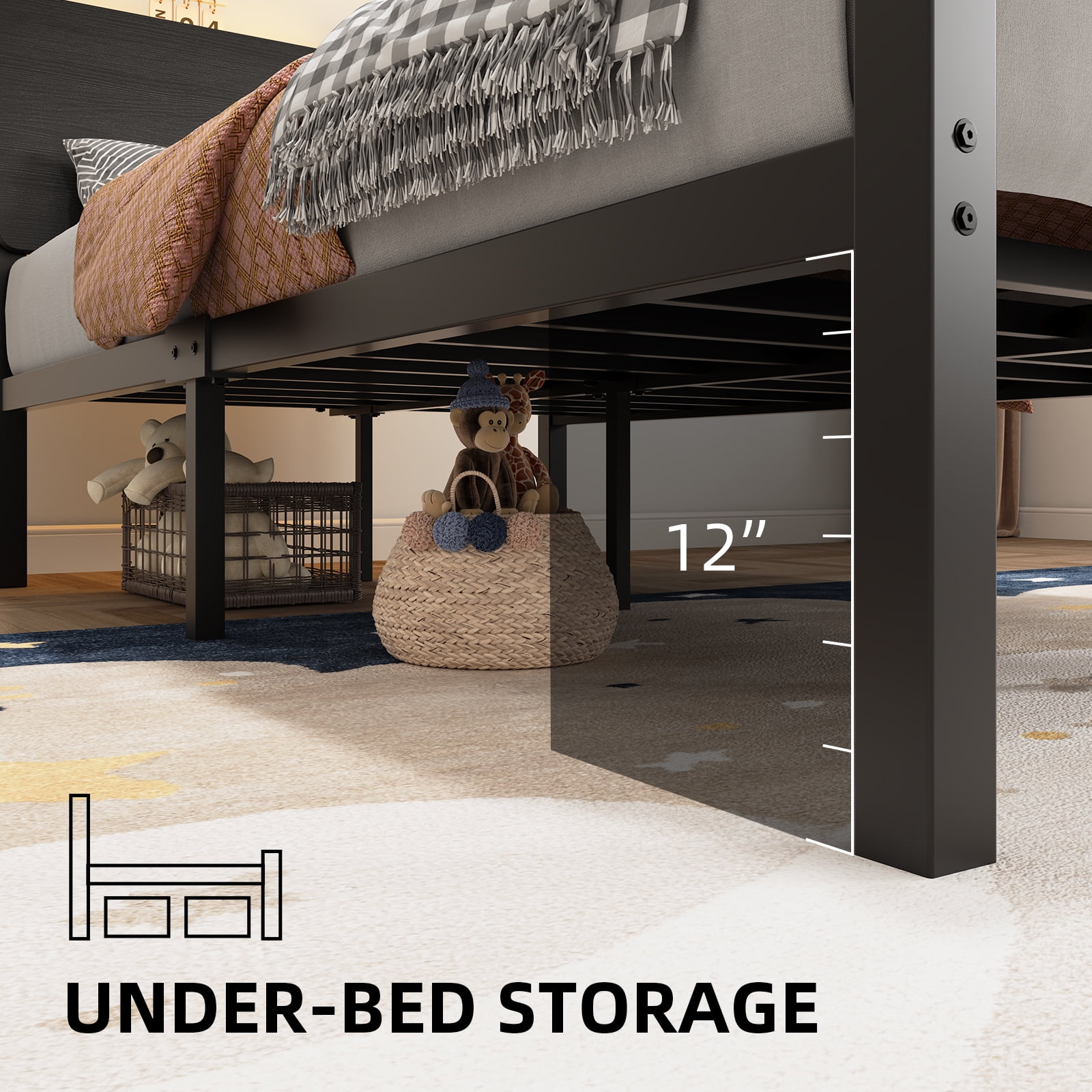 4 EVER WINNER Twin Bed Frame with Storage Headboard and LED Light, Metal Platform Bed Frame with Wooden Headboard, No Box Spring, Black