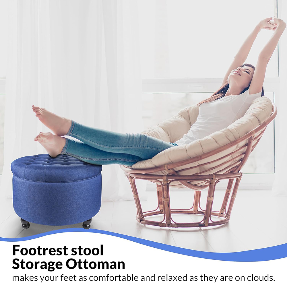 Elevon Large Round Storage Ottoman with Hidden Compartment, Upholstered Accent Ottoman for Living Room and Bedroom, Navy Blue / Blue / Grey