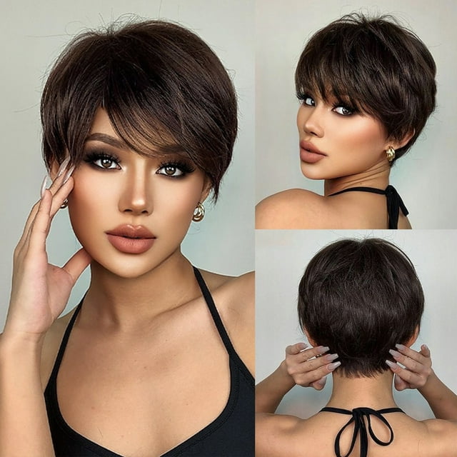 Perruque Courte Bouclée d'Été pour Femme - Postiche en Fibre Synthétique Résistant à la Chaleur pour Tête Entière, Coupe Pixie Duveteuse pour un Style Jeune, Confortable et Respirante, Comprend un Filet pour Cheveux, SS195-1 Couleur Brun Foncé, 52-57cm