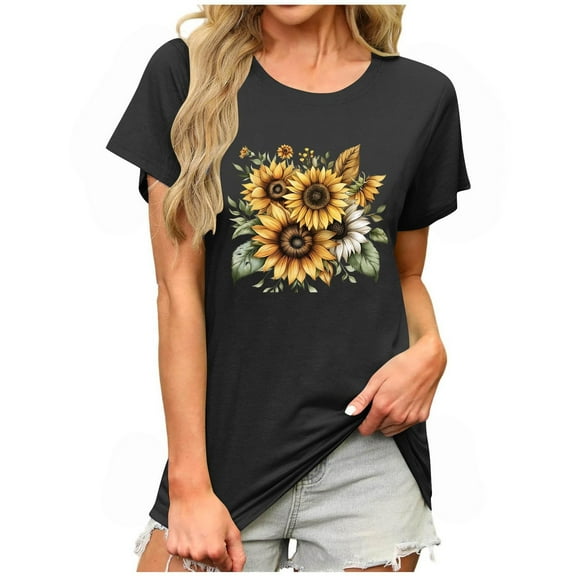 Womens Summer Tops on Sale Women's Sunflower Print Tops Casual Loose Floral Print Crew Neck Graphic Tees Shirts Short Sleeve Blouses Summer T-Shirt New A-Black S