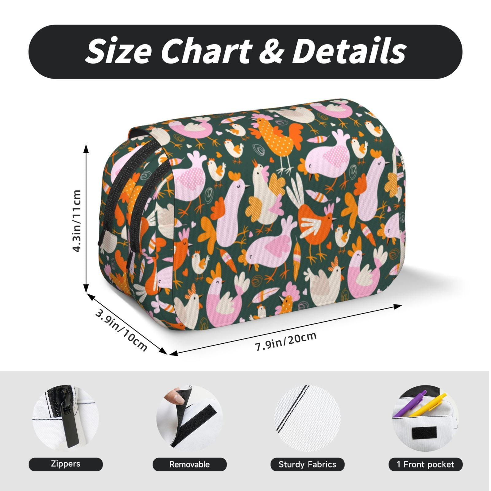 Rateoe Roosters and Chicks Pattern Double Clamshell Pen Case, Storage Organizer with Two Zipper Compartments– Holds Up to 50 Pencils & Pens