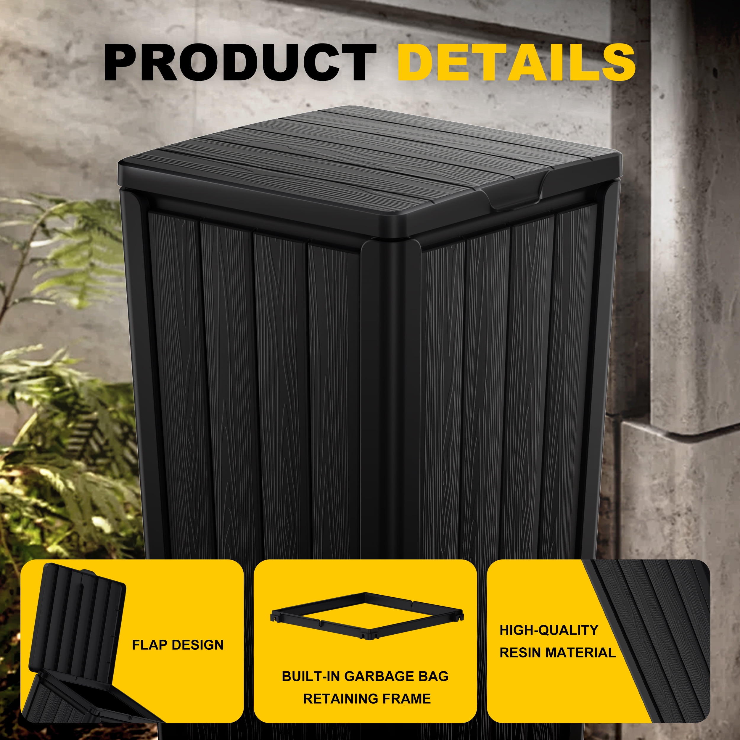 32 Gallon Resin Trash Can,Waterproof Durable & Stylish Waste Bines,Outdoor and Indoor Garbage Can,Easy to Assemble and Move,Black