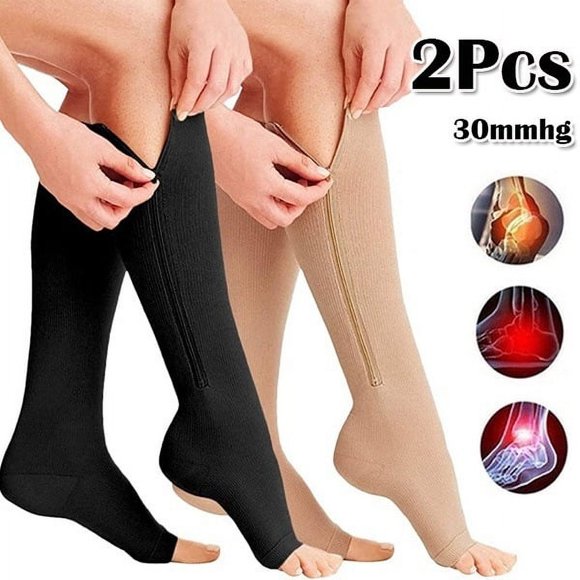 Zipper Compression Socks - 2 Pairs Open Toe Compression Stockings for Men Women L/XL