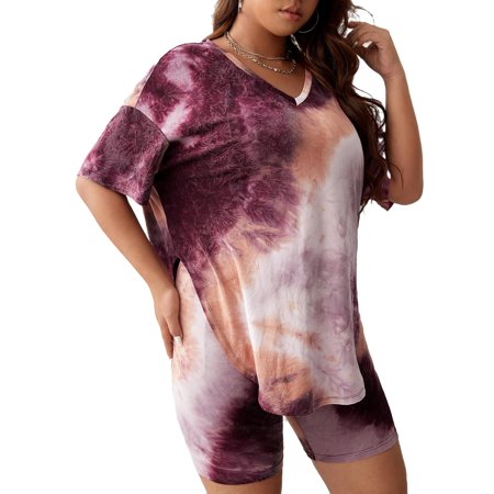 

Casual Tie Dye V neck Short Sets Purple Elbow-Length Plus Size Pajama Sets S