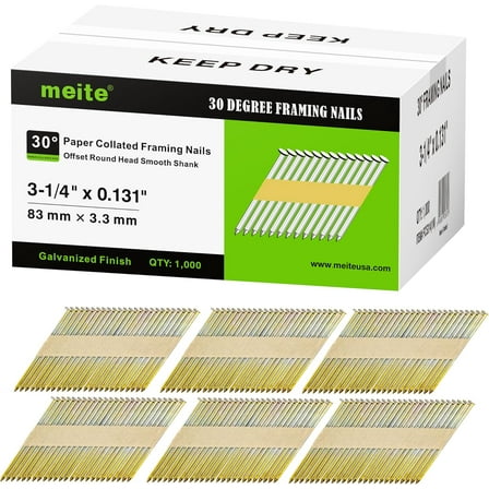 1,000 PCS MEITE 30 Degree Framing Nails 3-1/4 Inch x .131-Inch, Galvanized Coated, Paper Tape Collated, Offset Round Head Smooth Shank Framing Nails for 30-34 Degree Framing Nailers