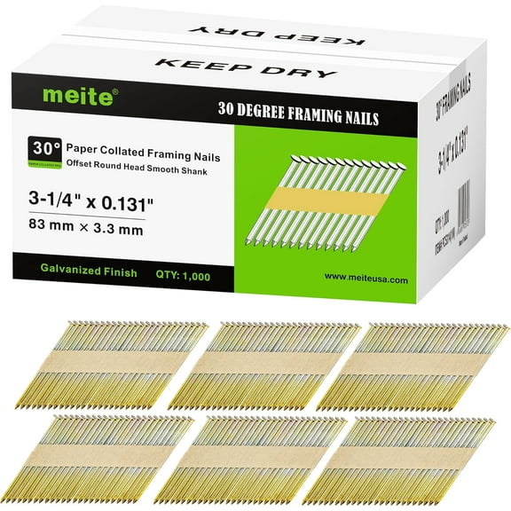 1,000 PCS MEITE 30 Degree Framing Nails 3-1/4 Inch x .131-Inch, Galvanized Coated, Paper Tape Collated, Offset Round Head Smooth Shank Framing Nails for 30-34 Degree Framing Nailers