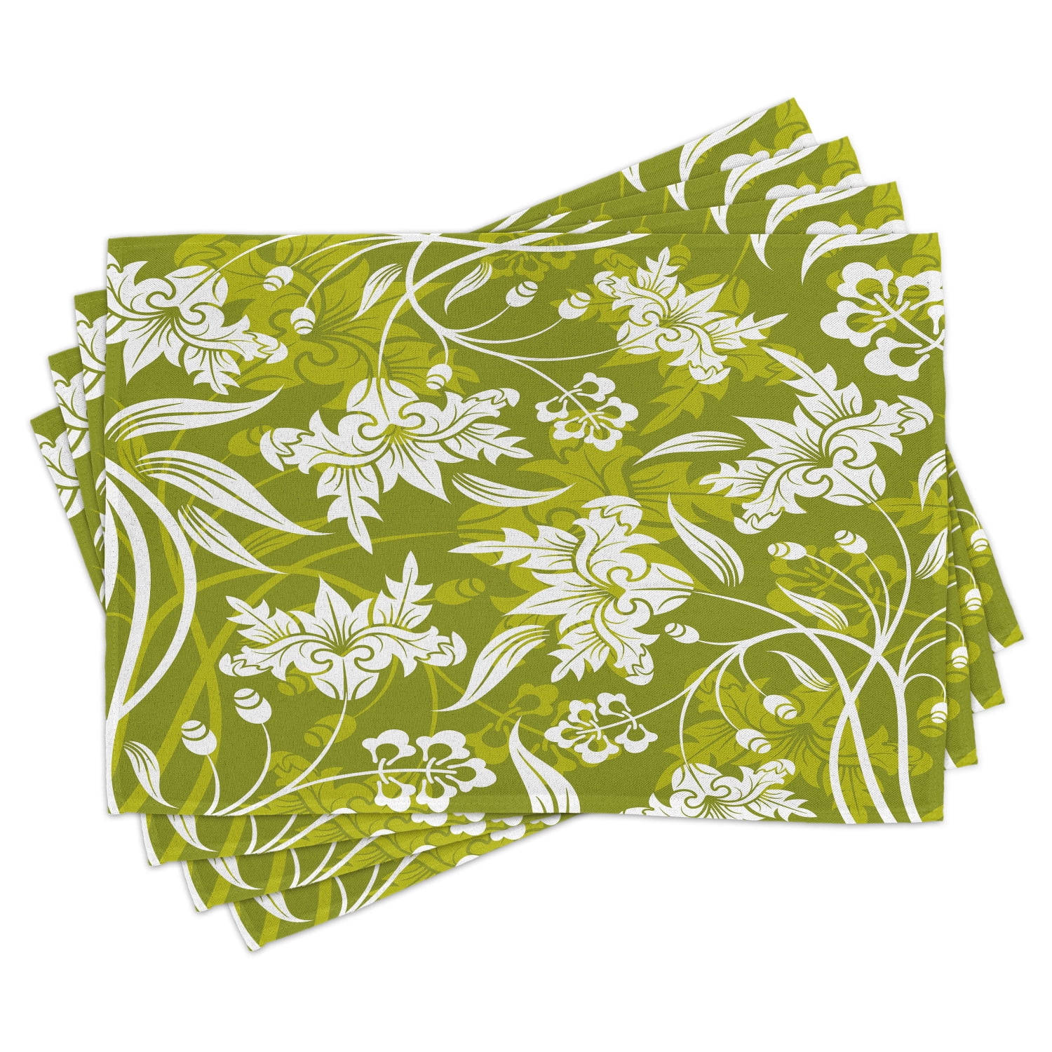 Floral Placemats Set of 4 Flourishing Flower Pattern on Green