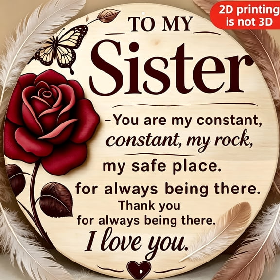 Vintage-Style Round Metal Sign "Thank You Sister" 8x8in Floral Wall Art with Heartfelt Message, Durable 2D Flat Decor for Home Kitchen Garden Porch, Unique Gift for Sister