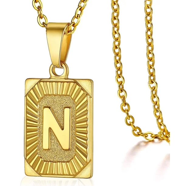 Initial Pendant Necklace for Women Simple Stainless Steel Cuba Link Charm Letter Square Necklace Men Jewelry Couple Gift