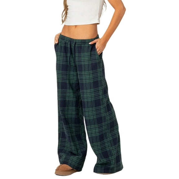 JYYYBF Women's Casual Trousers Classic Plaid Print Elastic Waist Loose Wide Leg Pants Lounge Pants