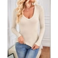 thumbnail image 5 of Long Sleeve Shirts for Women Fall Fashion V Neck Basics Crop Tops Slim Fitted Y2K Tops Outfits Clothes Oatmeal Color S, 5 of 9