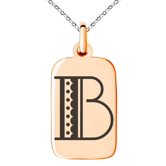 Stainless Steel Letter B Initial Metro Retro Monogram Engraved Small Rectangle Dog Tag Charm Pendant Necklace