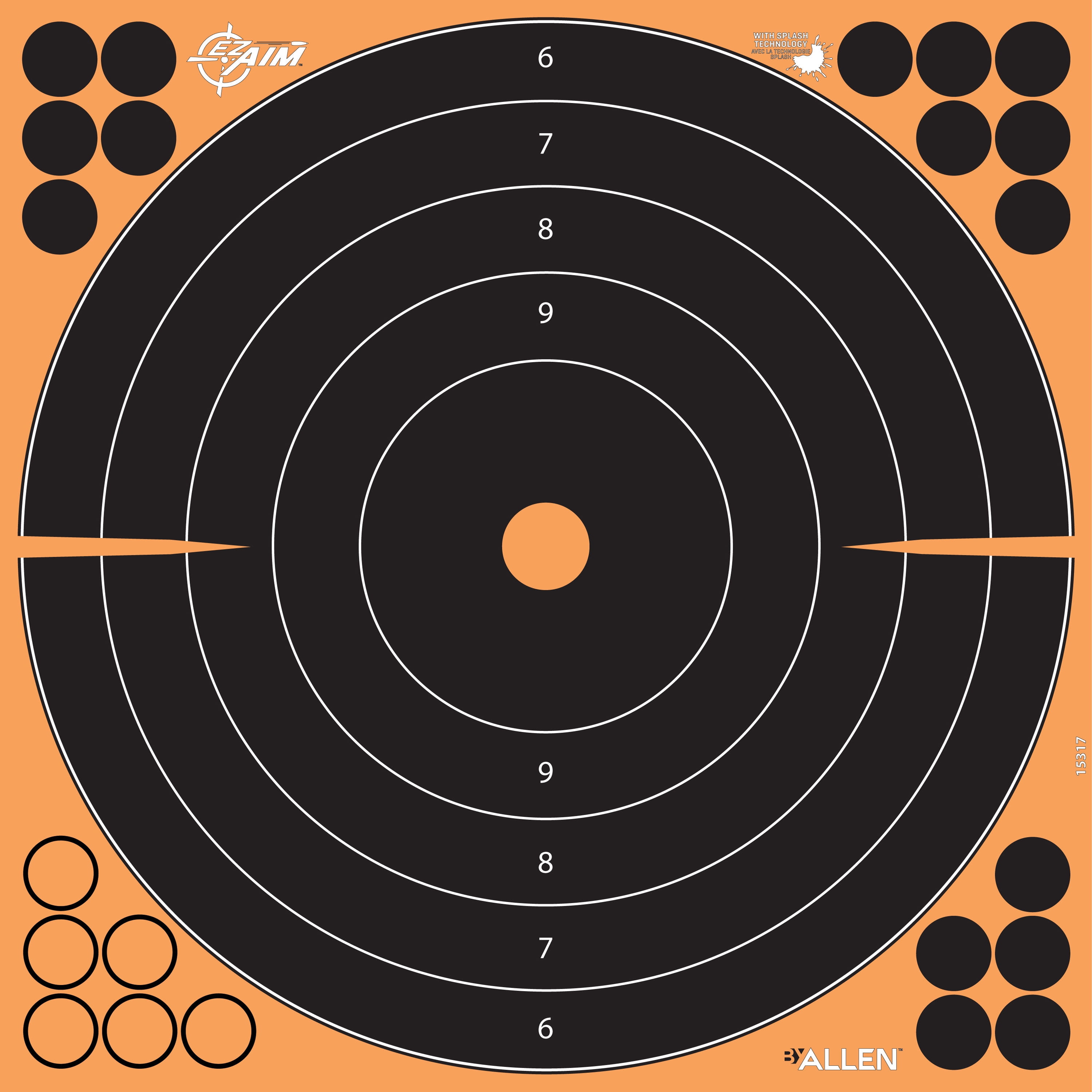 EZ Aim Splash® Reactive Adhesive Paper Shooting Targets, Bullseye, 12" Square, 10-Pack, Black/Orange