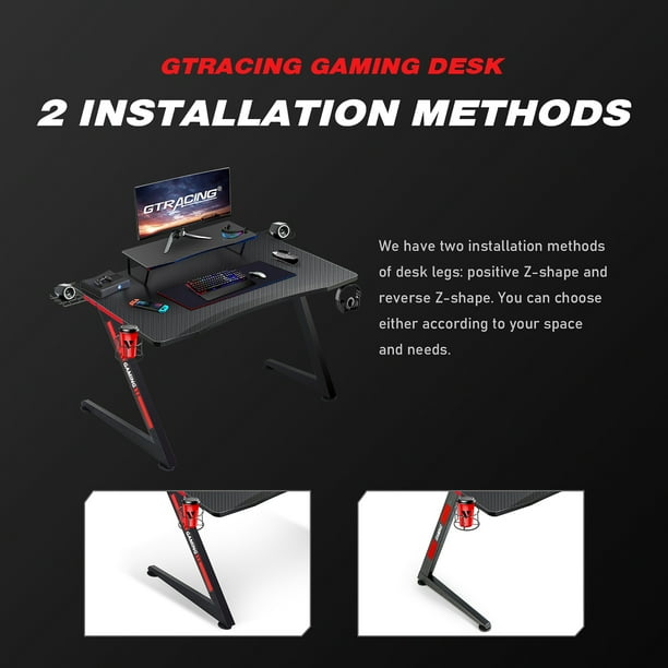 GTRACING Ergonomic Curved 3-Sided LED Z-Leg Gaming Desk, Black
