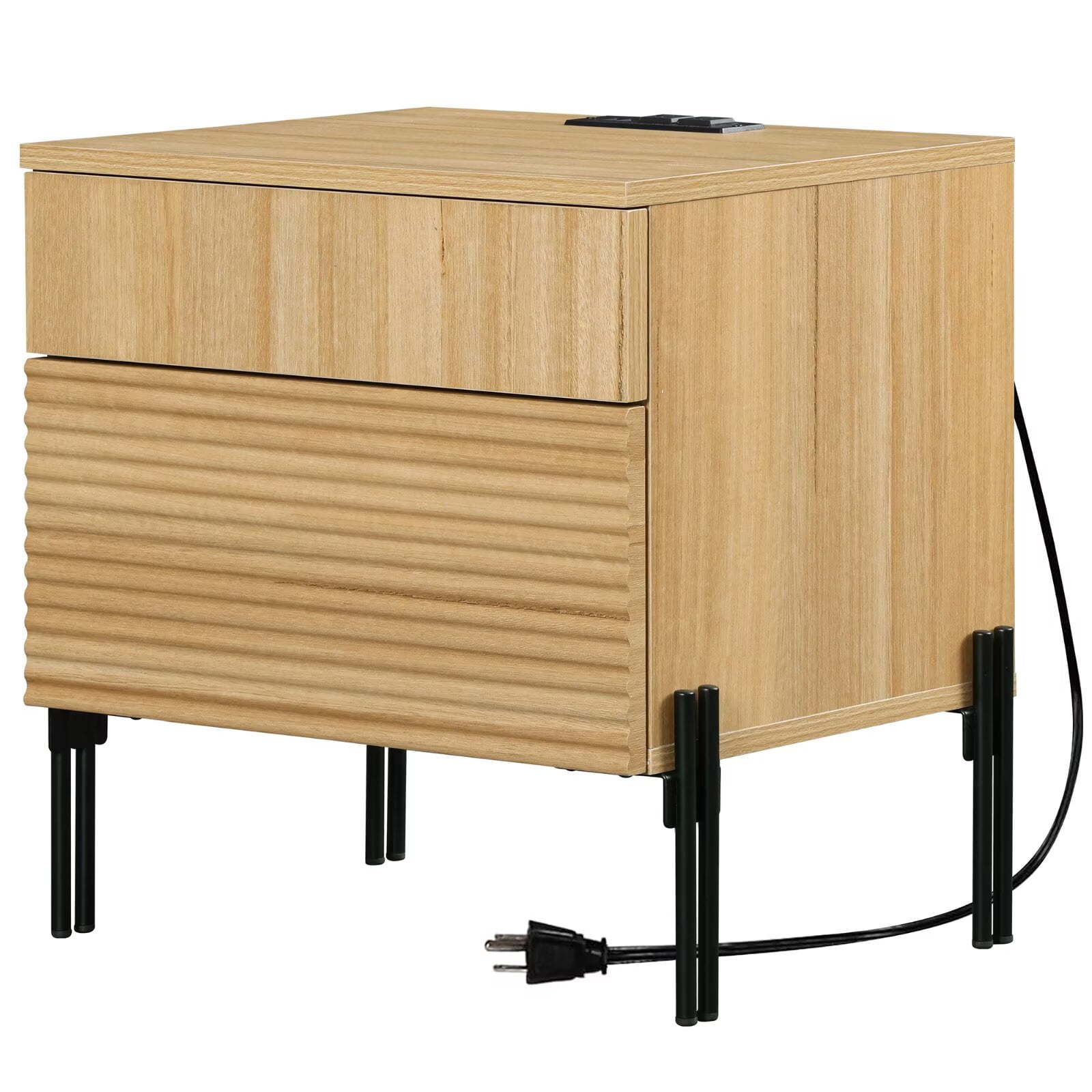 WAMPAT Contemporary Fluted Nightstand with USB Charging Port, Oak End Table with 2 Drawers for Home Decor in Bedrooms and Living Areas