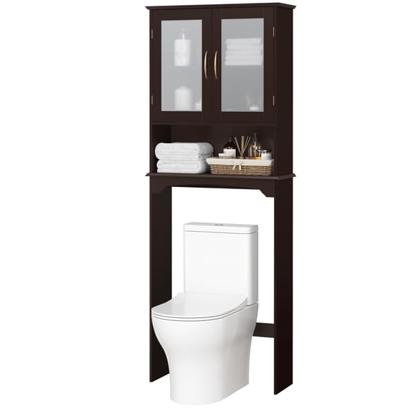Over The Toilet Storage Cabinet, Freestanding Bathroom Rack with Adjustable Shelves, Tempered Glass Door Cabinet for Small Bathrooms, Space Saving Organizer for Towels and Toiletries, Espresso Brown
