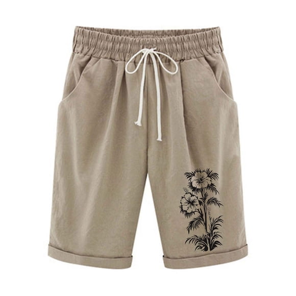 Olyvenn Womens Summer Bermuda Shorts 2025 Casual Linen Drawstring Loose fit Long Shorts Knee Length Beach Trendy Shorts Khaki XXL