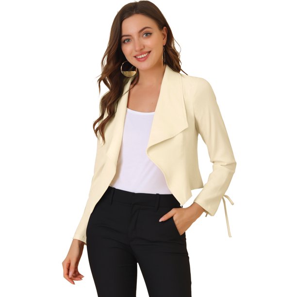 INSPIRE CHIC Chaqueta estilo cárdigan con frente abierto elegante para mujer, chaqueta recortada de oficina de trabajo Beige M