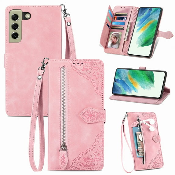 TECH CIRCLE for Samsung S21 FE 5G Cover, PU Leather Anti-Scratch Card Slots Zipper Pocket Wallet Magnetic Flip Stand Emboss Case Cover with Wrist Strap for Samsung Galaxy S21 FE 6.4 inch, Pink
