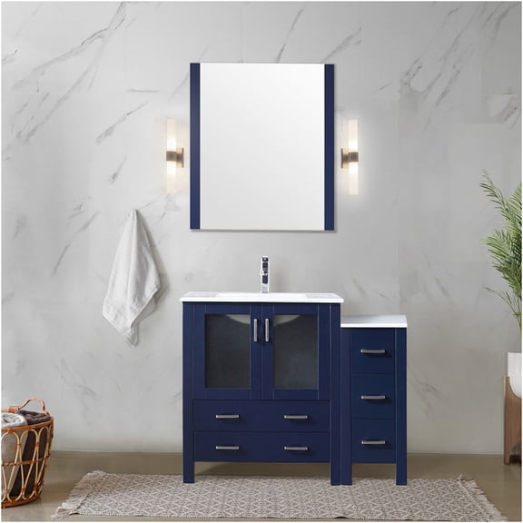 JERFIT 42 inch Navy Blue Bathroom Vanity with Ceramic Top, Soft Close Drawers & Storage Cabinet