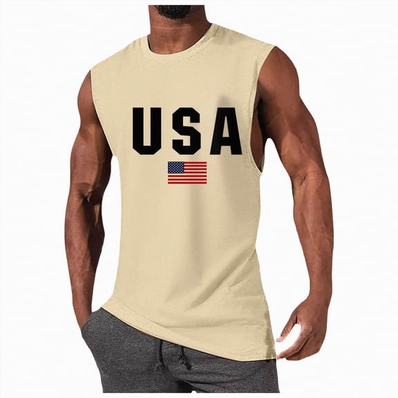HCNTES American USA Flag Tank Top for Men Patriotic 4th of July Sleeveless Shirt(Beige,M)