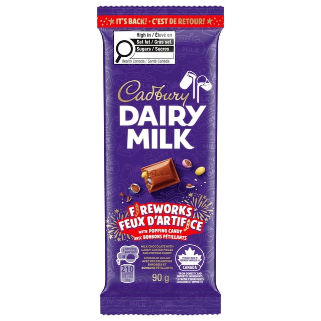 CADBURY DAIRY MILK Feux d’artifice, tablettes de chocolat au lait CADBURY DAIRY MILK avec friandises enrobées et bonbons pétillants, tablette de chocolat, barre de chocolat, 90 g