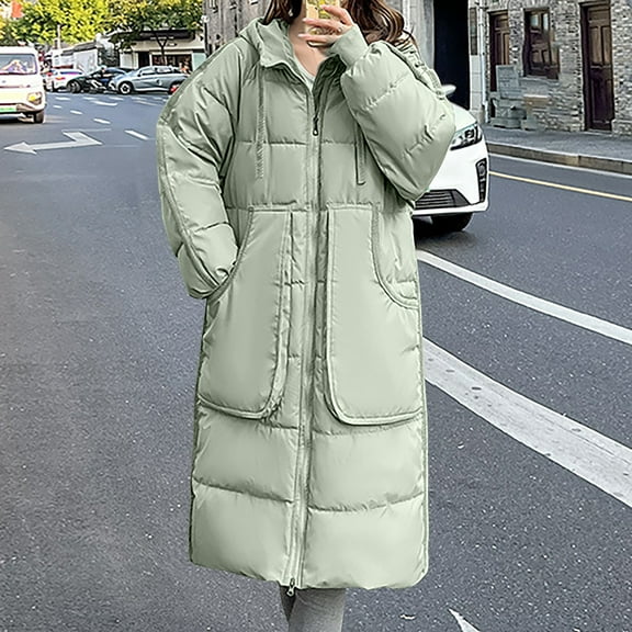 ZRGHAOYLQ Puffer Jacket Womens Women Long Winter Coats with Hood Warm Pocketed Outwear Coat Windproof Full Zip Down Jackets Solid Quilted Overcoat Thermal Warm Up Parka Jacket