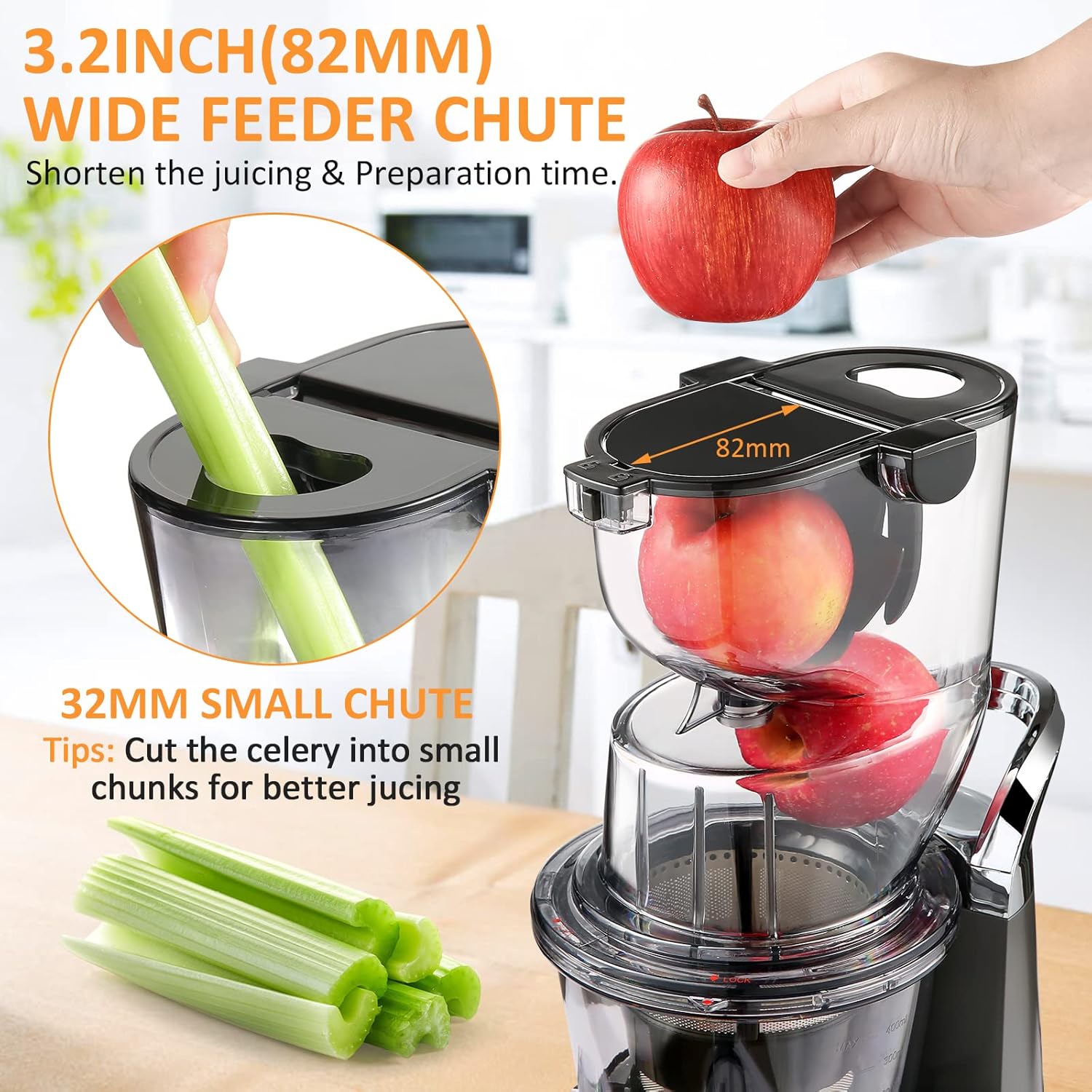 SiFENE Cold Press Juicer Machine, 200W Masticating Juicer with Wide Feed Chute, Easy to Clean, High Juice Yield, Quiet Operation, Slow Juicer for Fruits & Vegetables, Countertop Use, Gray