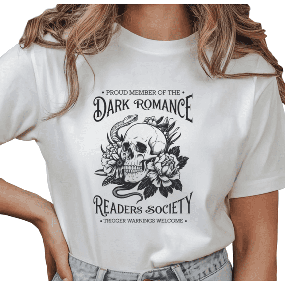 Women's Vintage "Dark Romance Readers Society" Skull Peony Graphic Breathable T Shirt Short Sleeve Round Neck Top White S-5XL