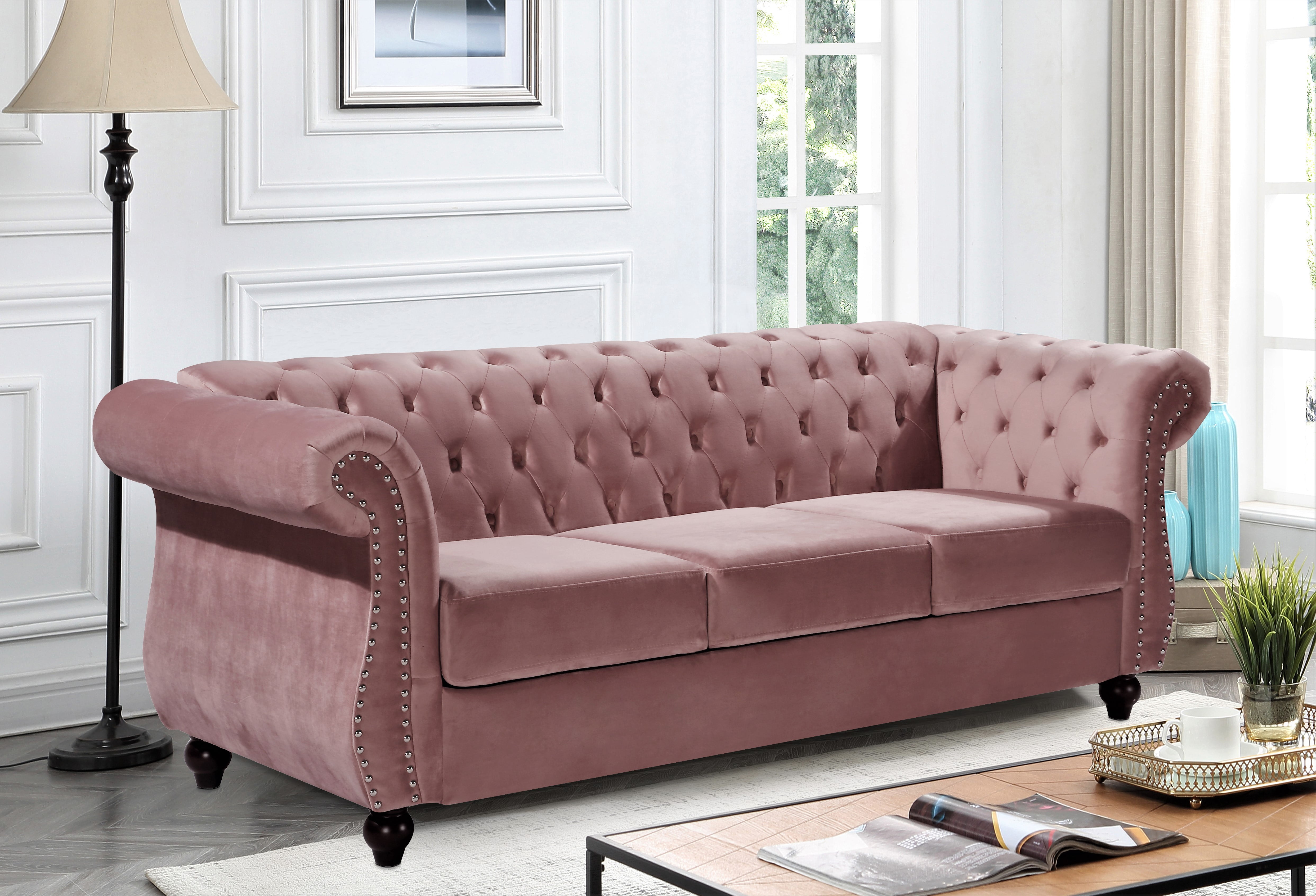Uspridefurniture Fender 82.6'' Velvet Rolled Arm Sofa,Pink