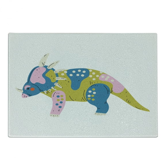 Dino Cutting Board, Motif Prehistoric Animal Cartoon Image, Decorative Tempered Glass Cutting and Serving Board, in 3 Sizes, by Ambesonne