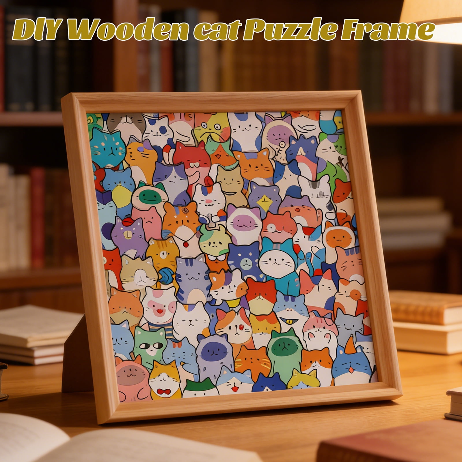 DIY Wooden Cat Puzzle Frame, Wooden Coloring Puzzle, Paintable Creative Handmade Photo Frame, Cat Puzzles Decor for Home Decoration Craft Lover (with Multi-Color Pens)