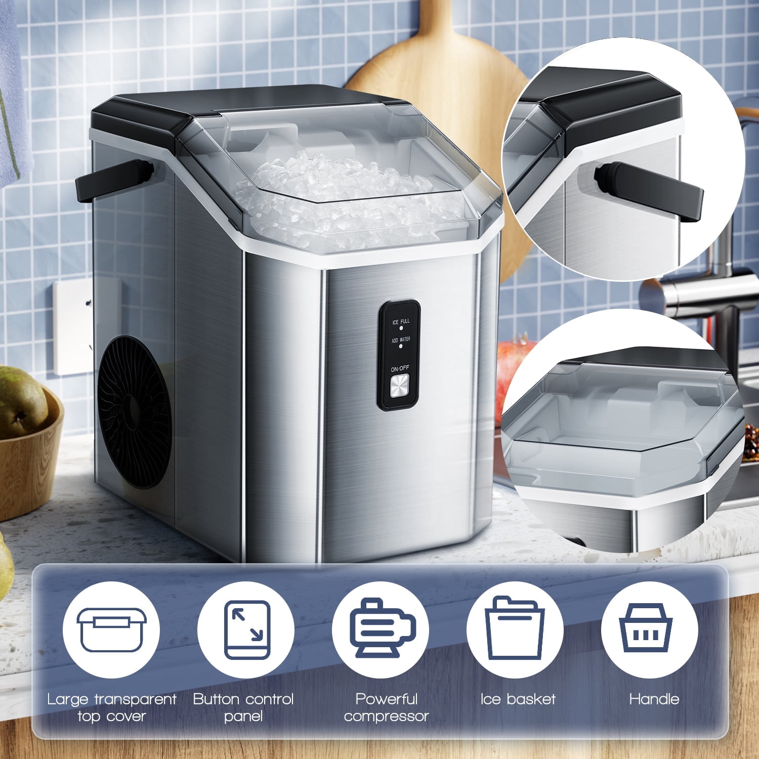 Moifoi Countertop Ice Maker, Nugget Chewable Soft Ice, 34 lbs/24 H, Self-Cleaning, Portable/Compact, Basket & Scoop, Silver