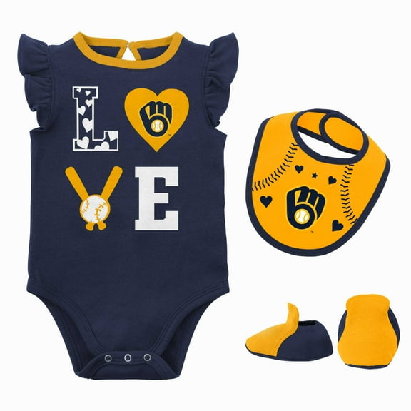Newborn & Infant Navy/Gold Milwaukee Brewers Three-Piece Love of Baseball Bib Bodysuit & Booties Set