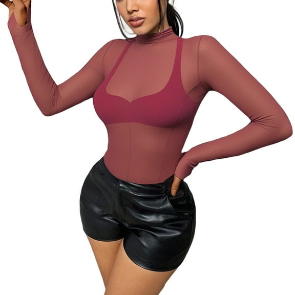 Women's Sexy Mesh Turtleneck Long Sleeve T Shirt Slim Fit Stretchy Casual Top For Daily Wear Travel Comfortable Soft Fabric