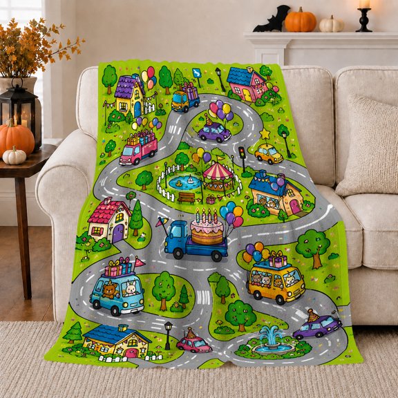 Playful Birthday Parade Town, Rustic Camping Scene, Warm Flannel Blanket for Cabin and Lodge with Detailed Artwork, Outdoor Lovers Camping Gift, Artistic Home Decor