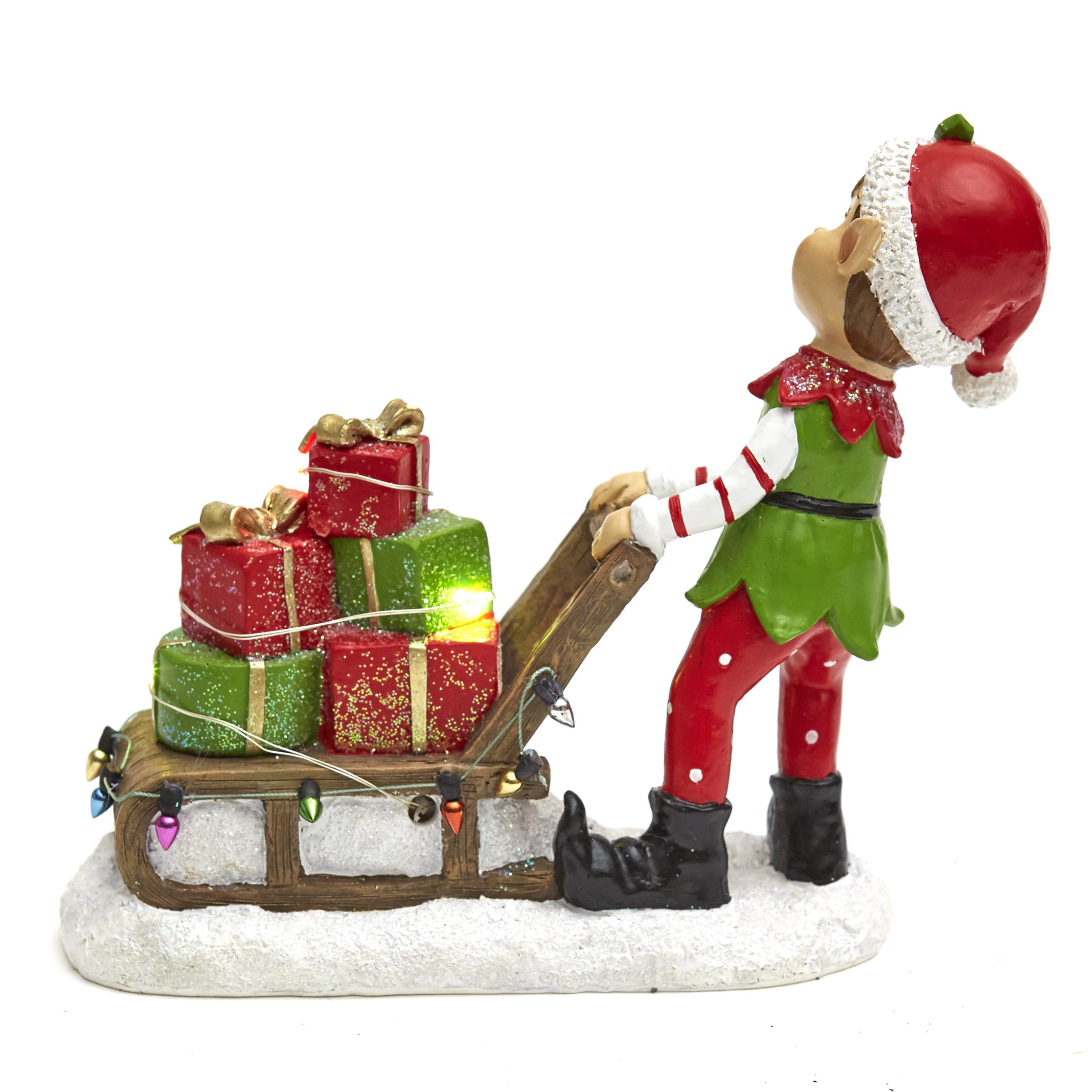 Elf Pulling Sled Christmas Presents Statue Holiday Figurine Winter Home Decor 