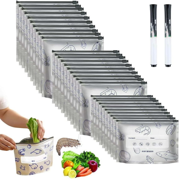 30Pcs Reusable Aluminum Foil Sealable Storage Bags,2026 New Stand Up Foil Sealable Bags with Label and Zip Lock,for Food, Vegetable Fruit Meat