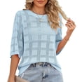 thumbnail image 1 of Camiseta de verano recortada lisa cuello redondo manga 3/4 tejido protector solar Top de mujer para playa al aire libre diario azul claro M, 1 of 7