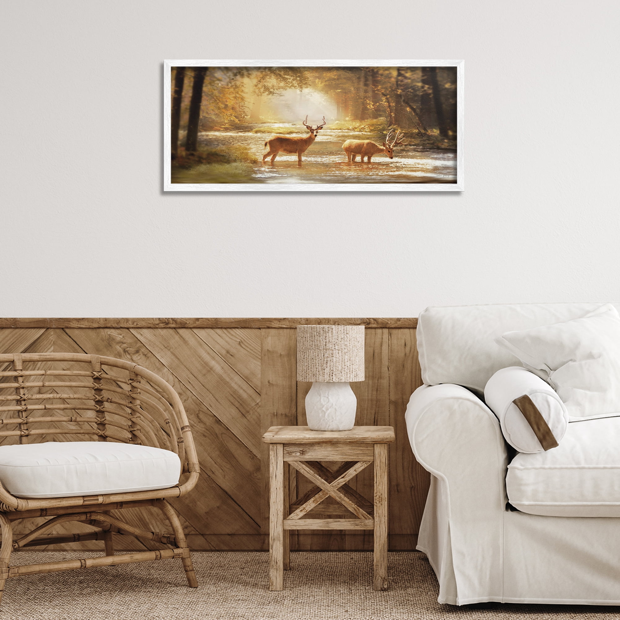 Stupell Industries Deer in Sunlit Grove Landscape Painting White Framed Art Print Wall Art, 30 x 13