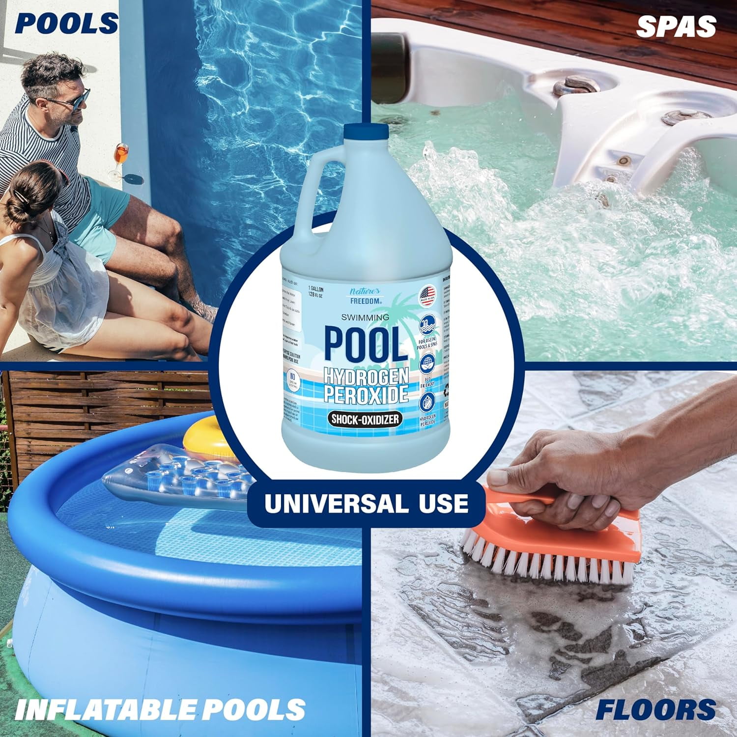 Nature's Freedom 12% Hydrogen Peroxide Pool Shock and Spa Oxidizer, Non-Chlorine Water Treatment for Pools, Spas, Hot Tubs and Cold Plunges, 1 Gallon