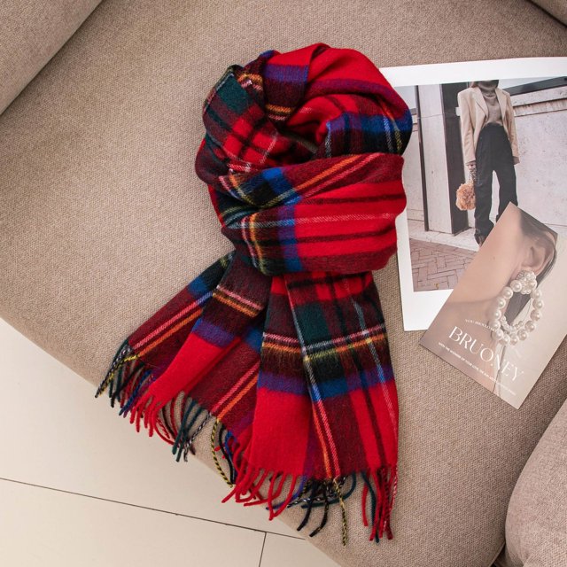 Zhuge Bufanda de lana para mujer, bufandas a cuadros de invierno, manta para mujer, borlas, cálidas, suaves, grandes, largas, estilo D, rojo navideño