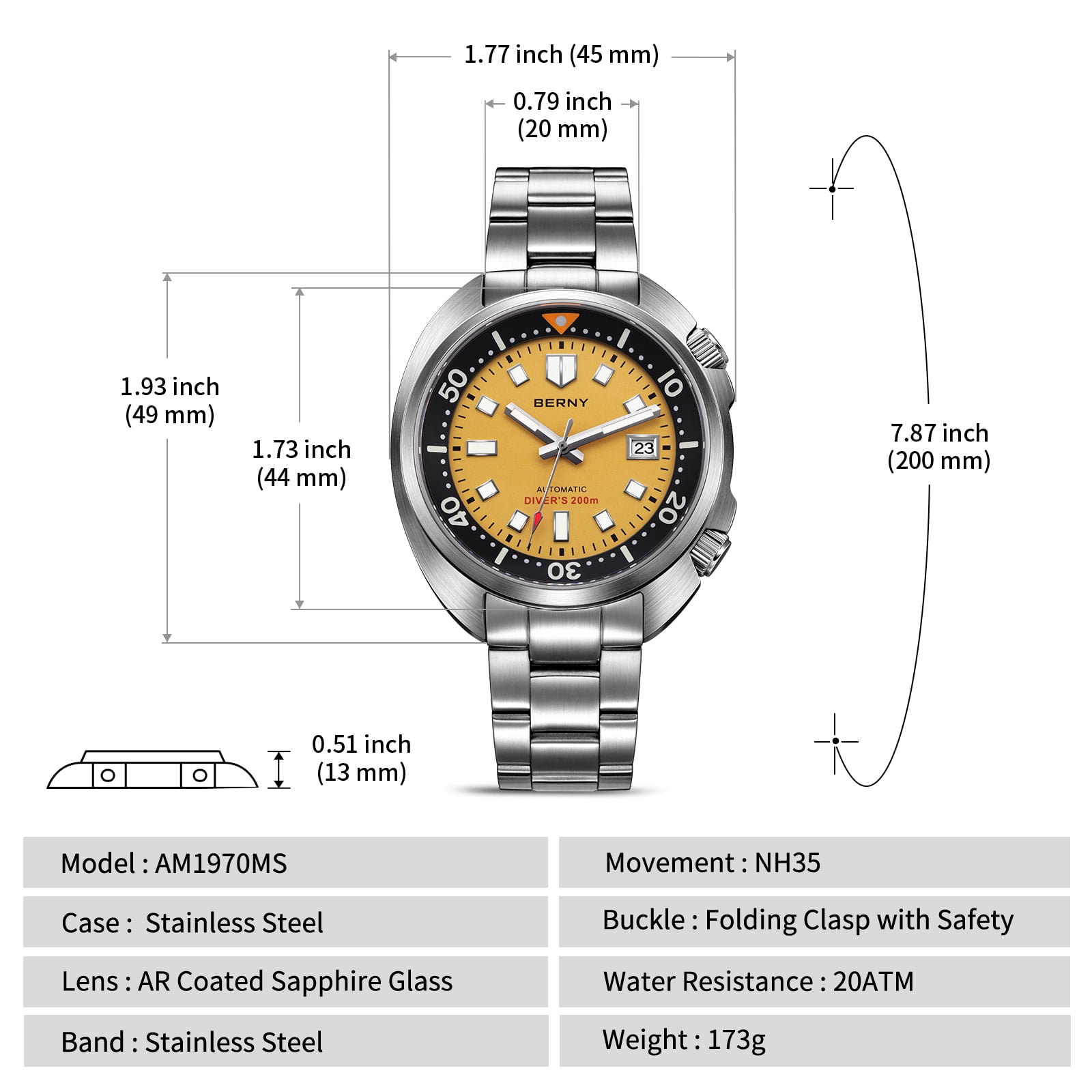 BERNY Automatic Dive Watches for Men, Sport 200M Waterproof Analog Mechanical Watch with Date Display, Super Luminous, Stainless Steel, Sapphire Crystal, Fashion Men's Diver Watch (Yellow)