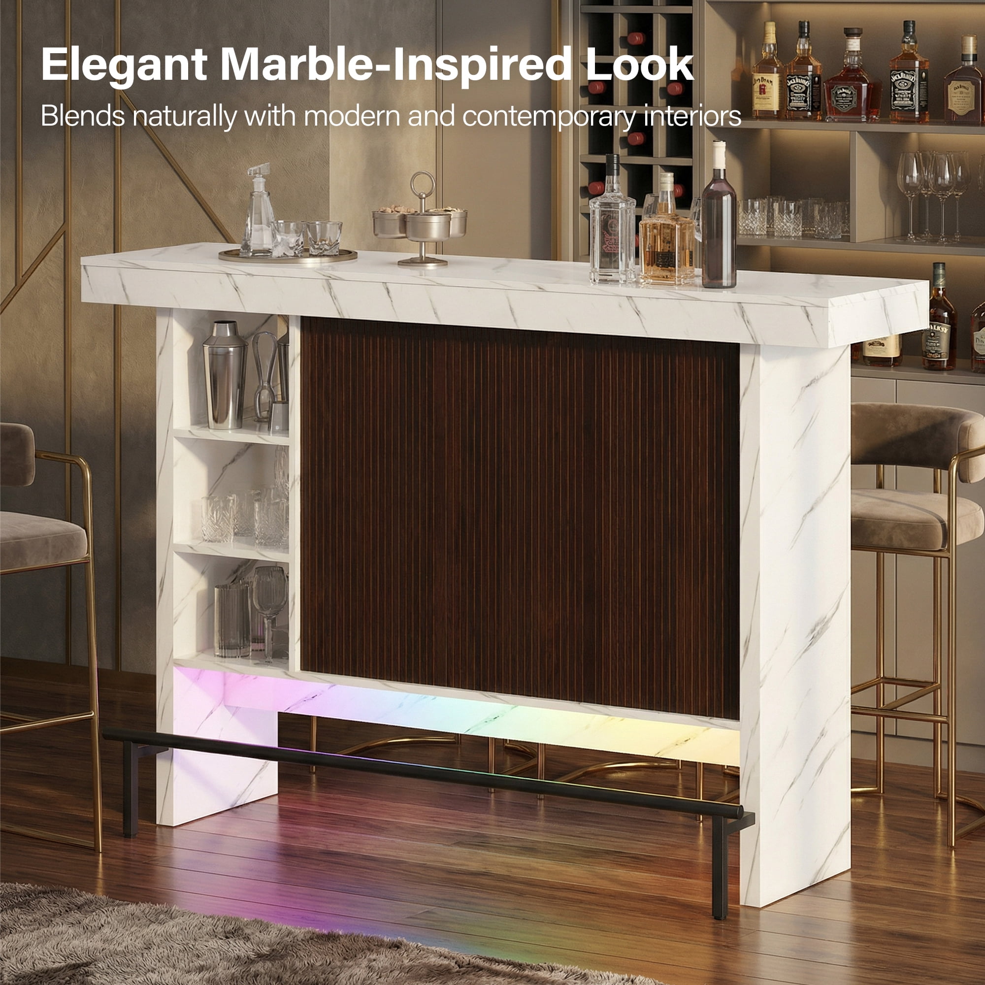 Advwin 62" Large Home Bar Unit with LED Lights & Footrest, Modern Liquor Bar Table with Glass Holders, Mini Coffee Bar Cabinet for Living Room, Kitchen, Home Pub