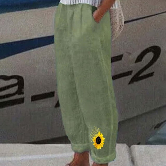 Jienlioq Pantalons Cargo pour Femmes Mode Été Décontracté Ample Coton et Lin Poches Imprimé Pantalons