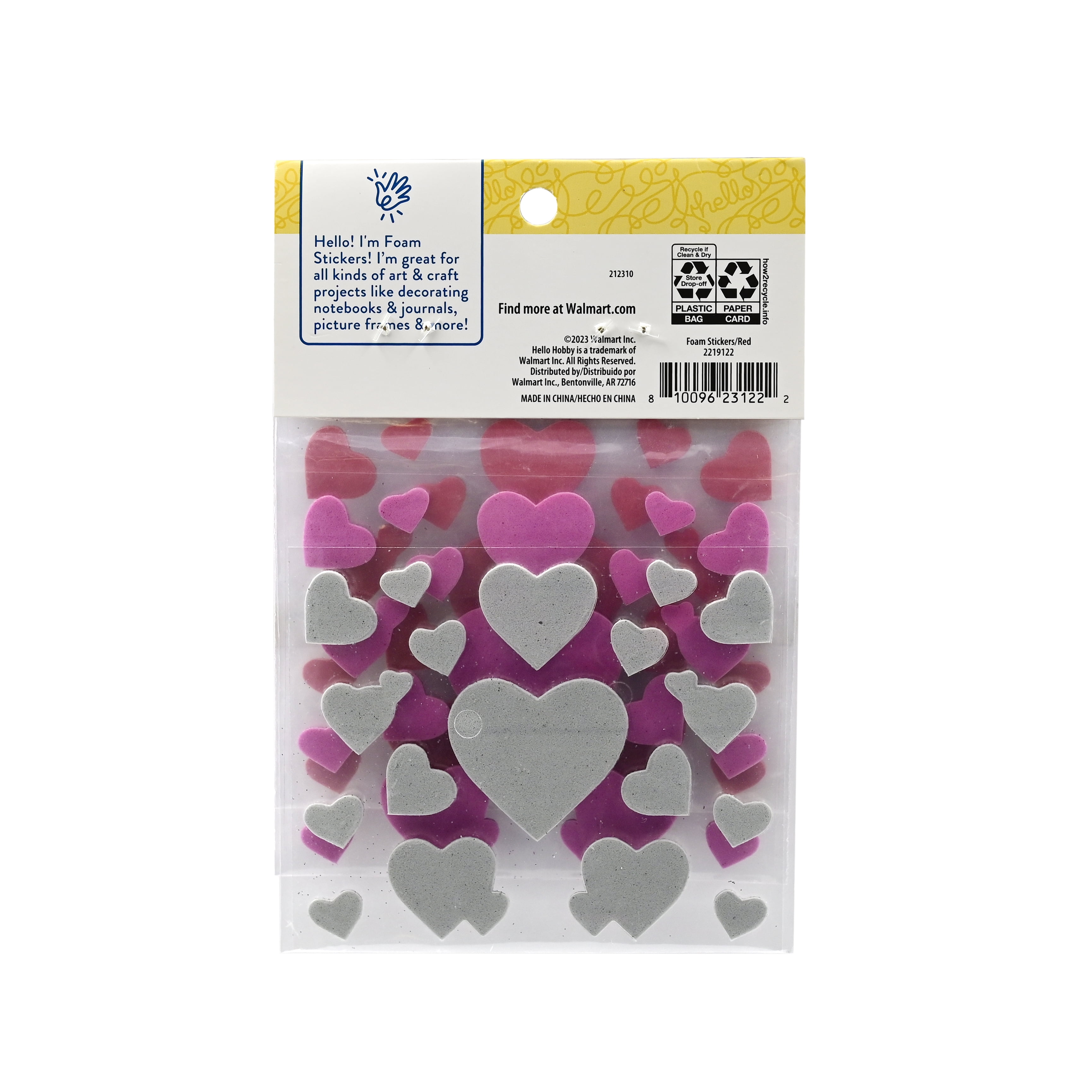 (3 pack) Hello Hobby Glitter Foam Heart Stickers, Multicolor, 54 Count