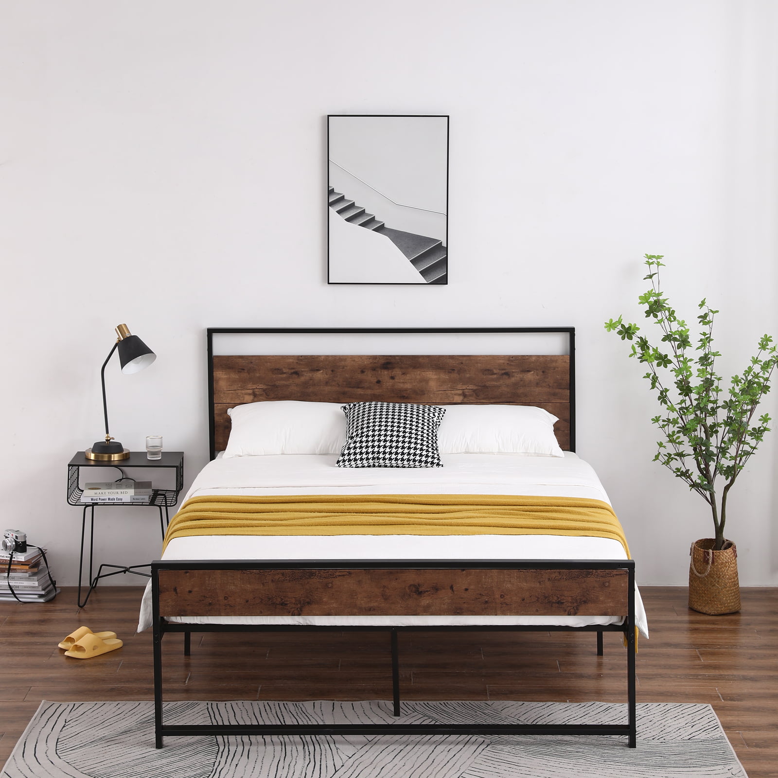 Queen Metal Bed Frame Headboard Footboard Contemporary Furniture Platform Beds 