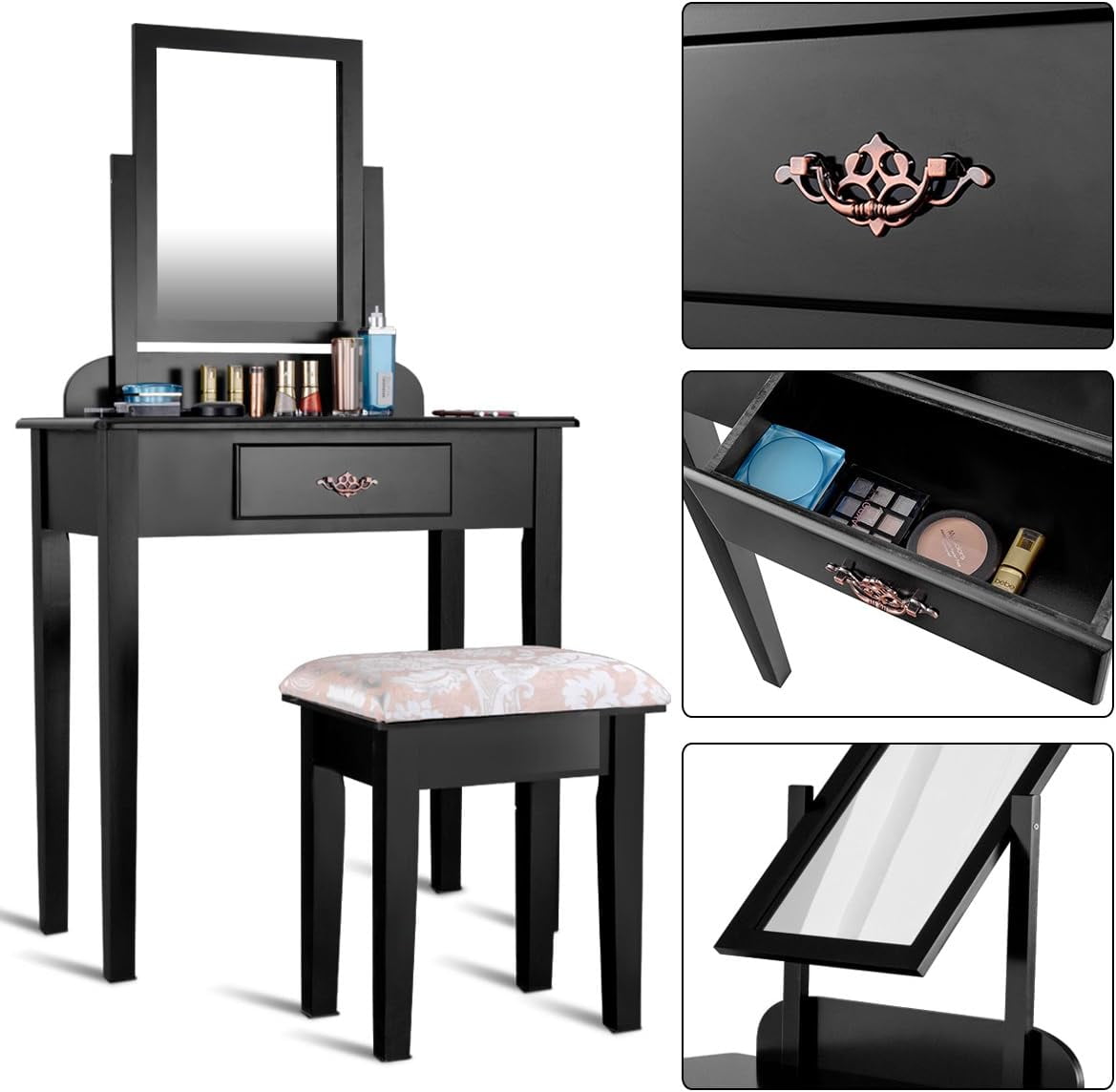 Gymax Vanity Dressing Desk Makeup Table Square Stool 1 Large Drawer Black
